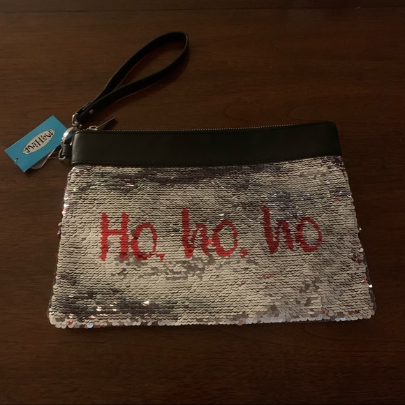 Holiday Wristlet silver sequence w/ red “Ho ho ho” adorable NWT - Picture 2 of 12